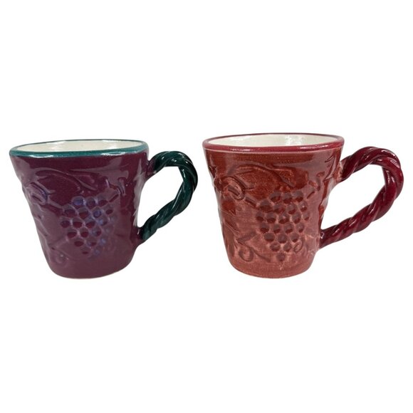 2 Fioriware Jardinware Grape Garland Embossed Leaf Coffee Mugs Purple Burgundy - Picture 1 of 8